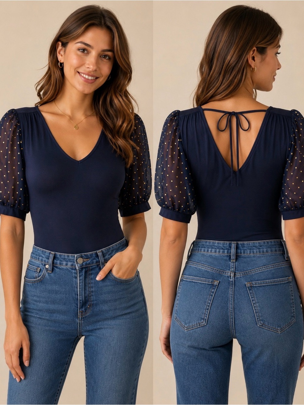 NWT Blu Pepper Navy V-Neck Puff Sleeve Bodysuit with Gold Dot Accents Size Large